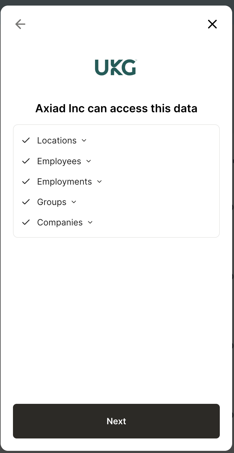 The confirmation screen listing the record types Mesh can now access, each with a checkmark
