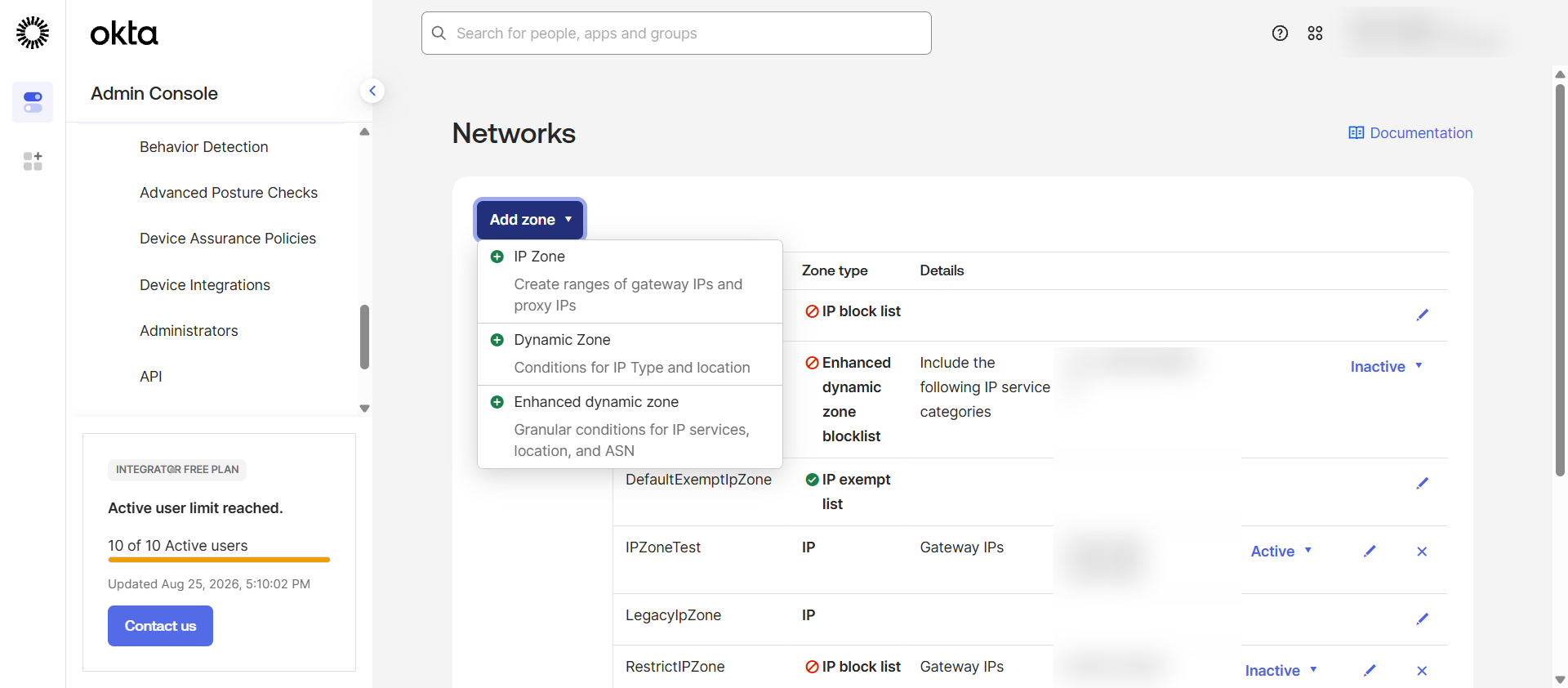 The Add zone menu offering IP Zone, Dynamic Zone, and Enhanced dynamic zone