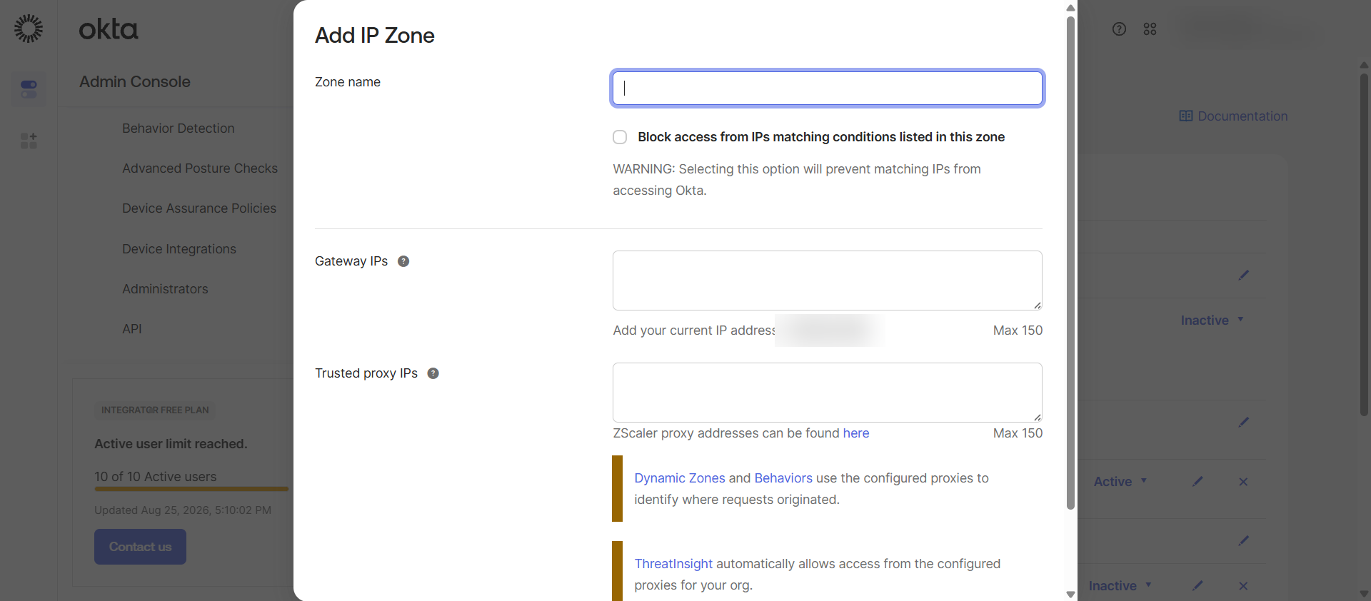 The Add IP Zone form with the Zone name and Gateway IPs fields