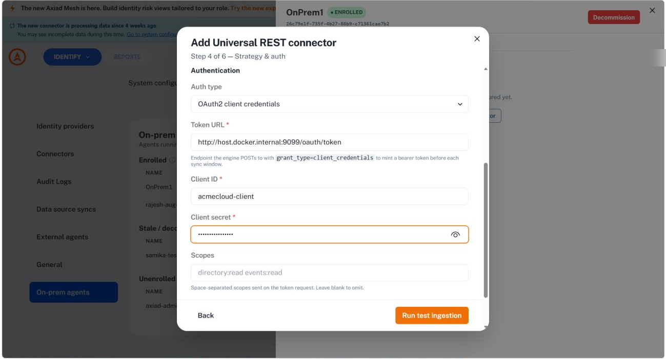The wizard with OAuth2 client credentials selected, showing token URL, client ID, client secret and scopes fields