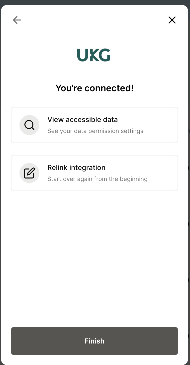 The final screen offering View accessible data and Relink integration, with the Finish button