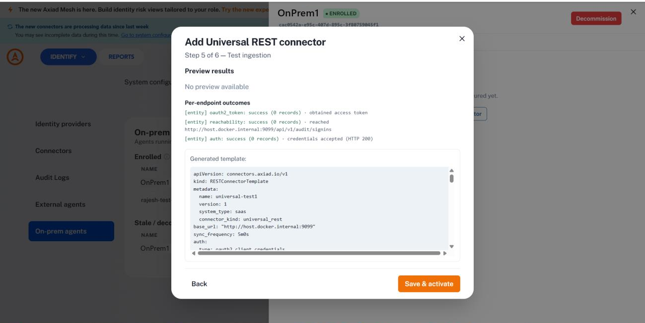 Step 5 of the wizard showing per-endpoint outcomes for the token, reachability and auth checks, and the generated connector template