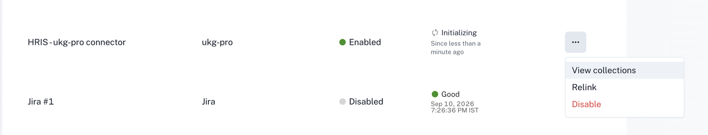 A connector row's actions menu open, showing View collections, Relink and Disable