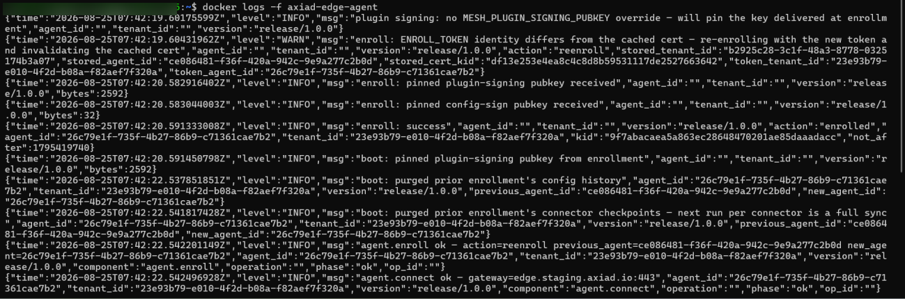 Terminal output from docker logs showing the agent enrolling successfully and connecting to the Mesh gateway
