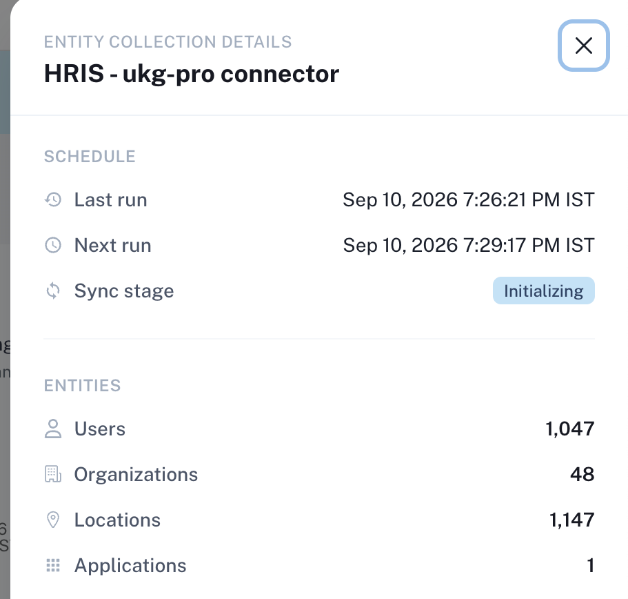 The entity collection details drawer showing last run, next run, sync stage and counts of users, organizations, locations and applications
