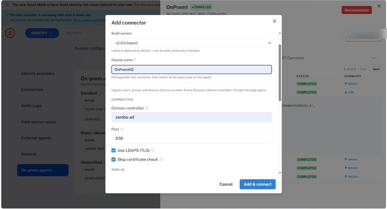 The Add connector dialog for Active Directory showing build version, display name, and connection fields for domain controller, port, LDAPS and certificate checking