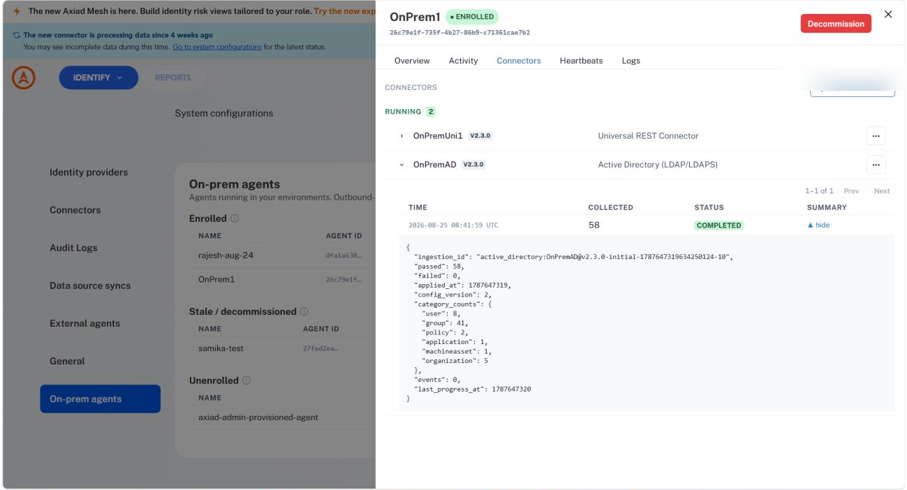 The Connectors tab showing two running connectors on the same agent, a Universal REST connector and an Active Directory connector, with the Active Directory collection details expanded