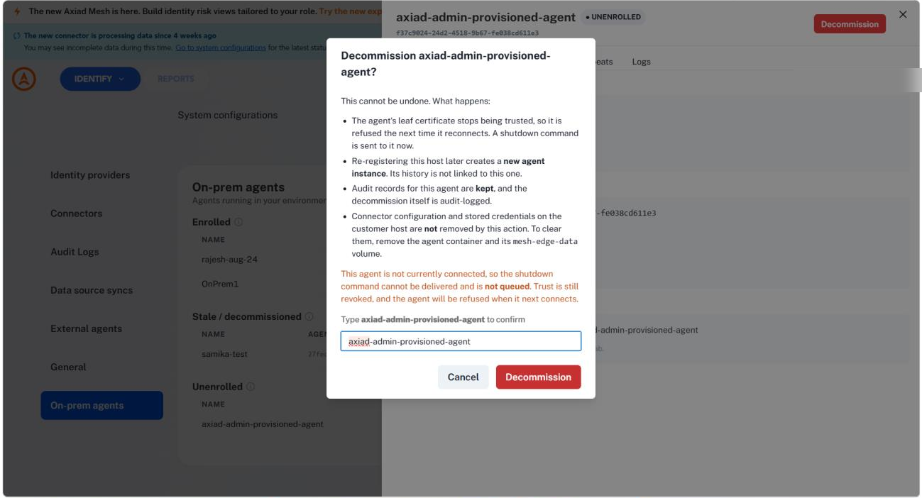 The decommission confirmation dialog explaining what happens, with a field for typing the agent name to confirm