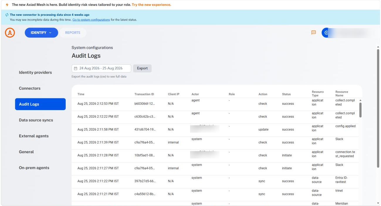 The Audit Logs page in Mesh showing agent and connector activity with time, transaction ID, actor, action, status and resource columns