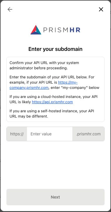 The connection window asking for the PrismHR subdomain