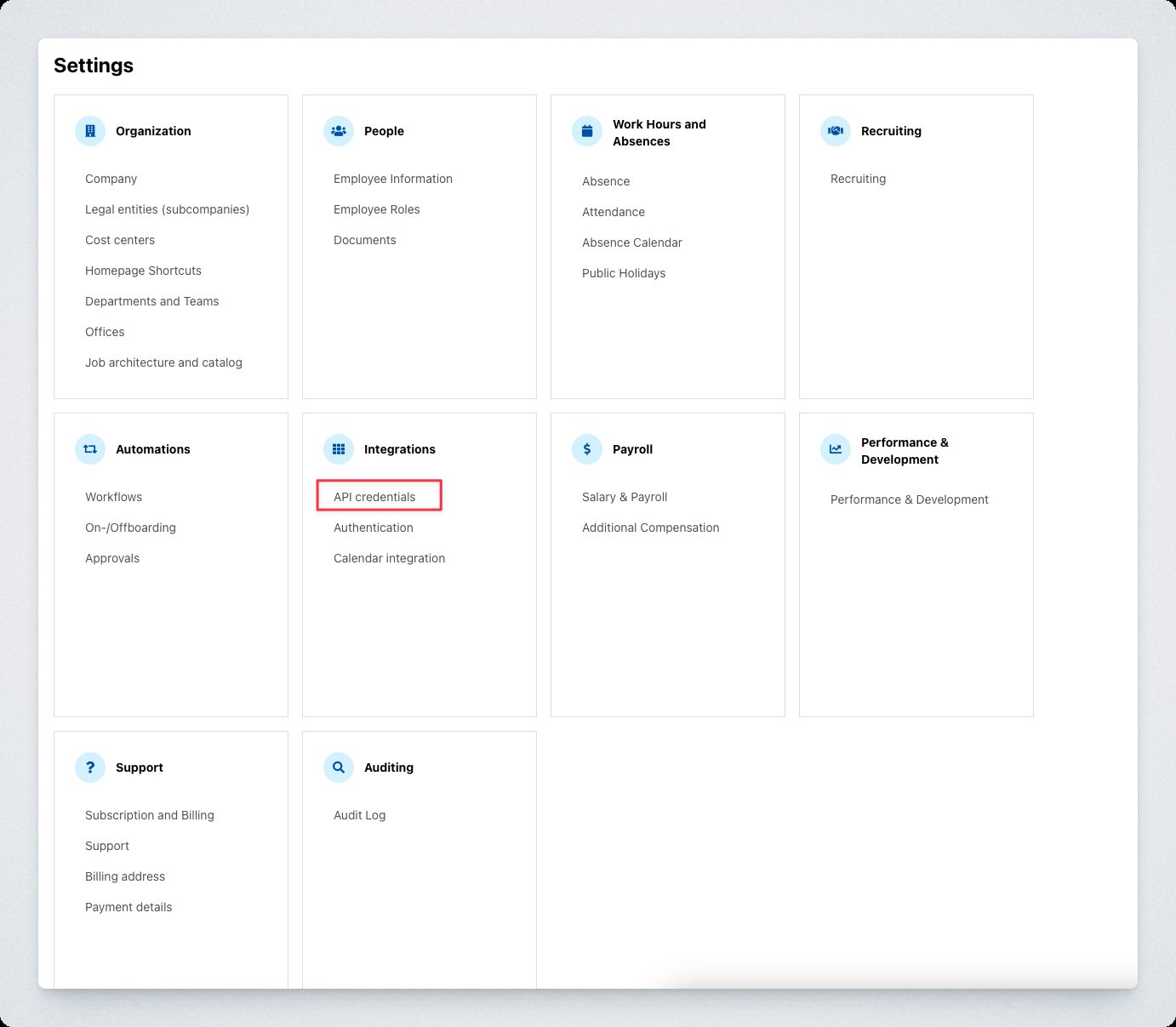 The Personio settings page with API credentials under Integrations