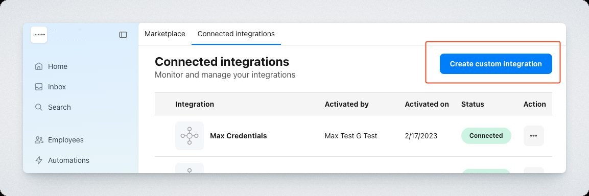 The API credentials page with the create custom integration action
