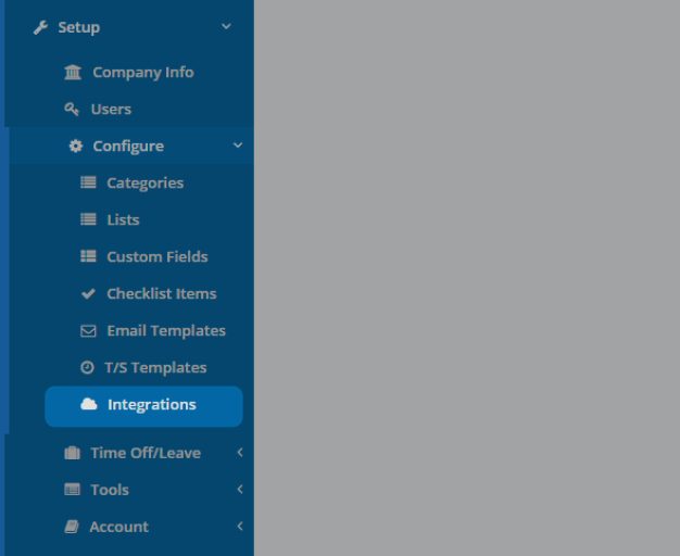 The HR Partner setup menu with Integrations