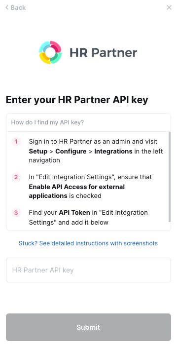 The connection window asking for the HR Partner API key