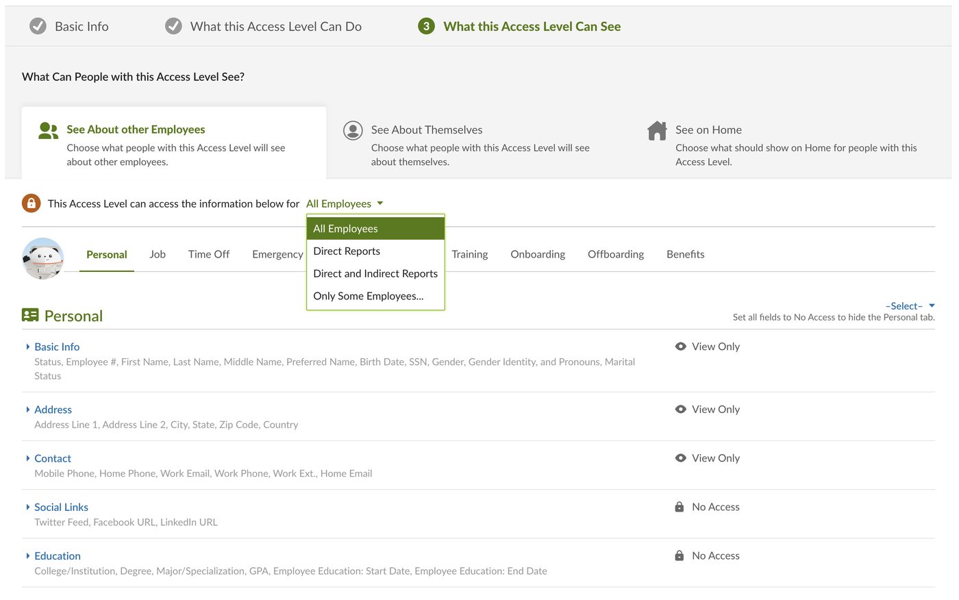 The BambooHR Access Levels settings page