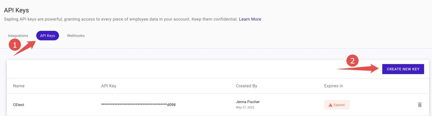 The API Keys page with the create action