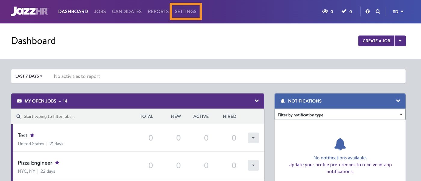 The JazzHR top navigation with Settings