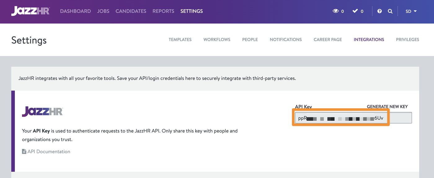 The API key on the integrations page
