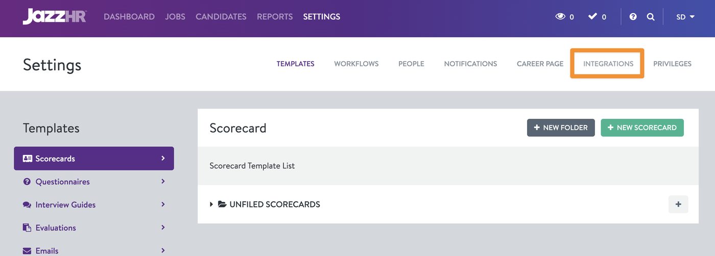 The Integrations section of JazzHR settings