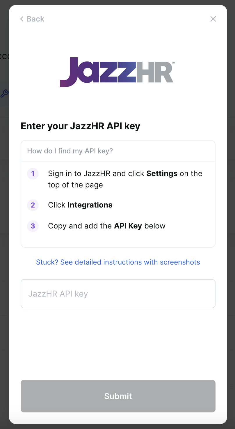 The connection window asking for the JazzHR API key