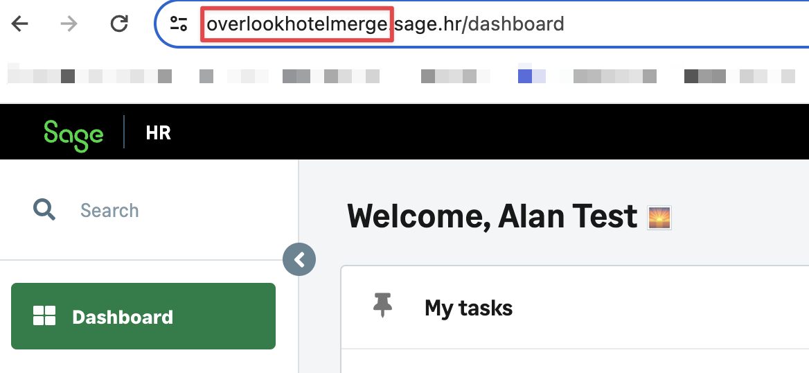 The Sage HR address bar showing the subdomain