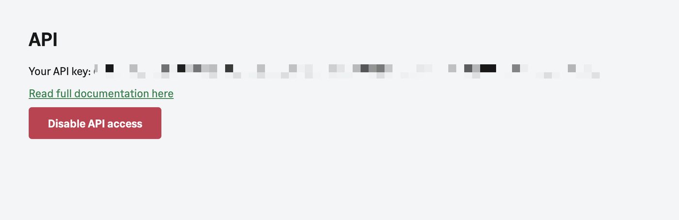 The API page showing the key