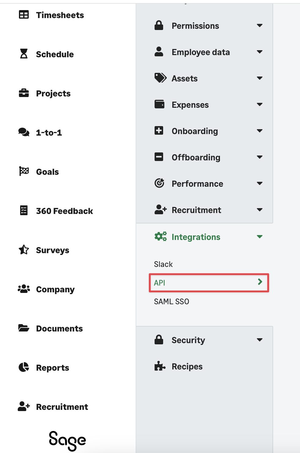 The Integrations menu with API selected