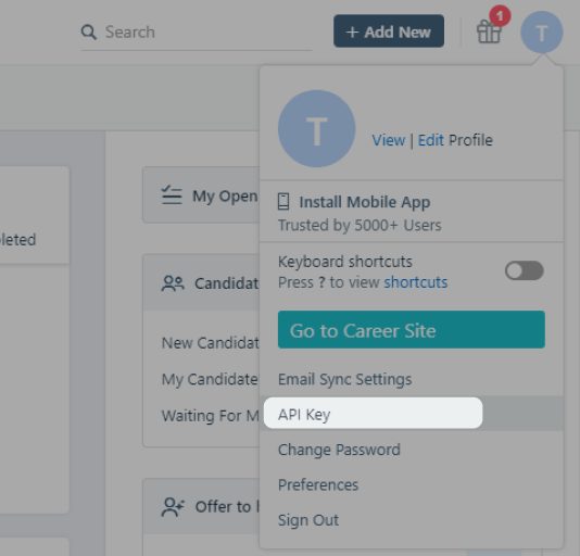 The Freshteam profile menu with API Key