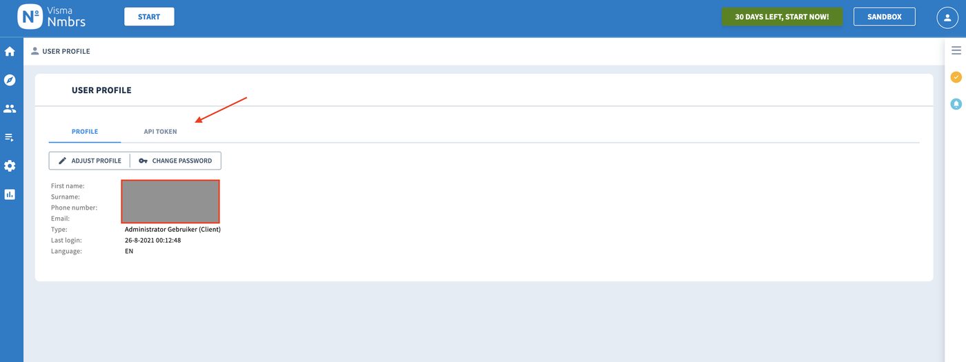 The API Token tab in the user profile