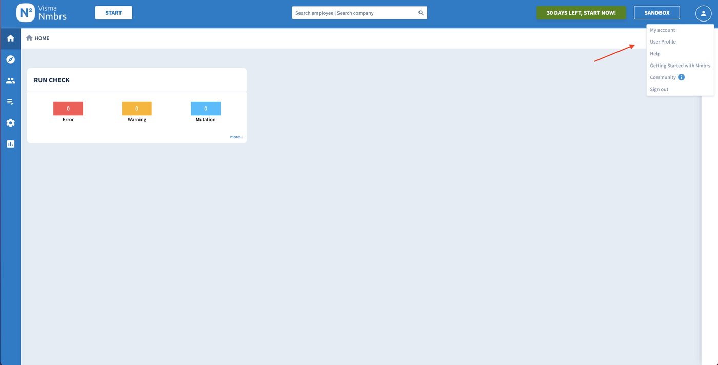 The Nmbrs profile menu with User Profile