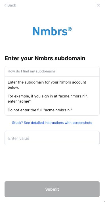 The connection window asking for the Nmbrs subdomain