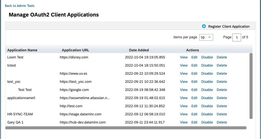 The Manage OAuth2 Client Applications page with the register action