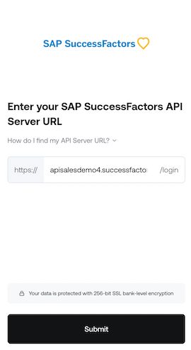 The connection window collecting the SAP SuccessFactors API server URL