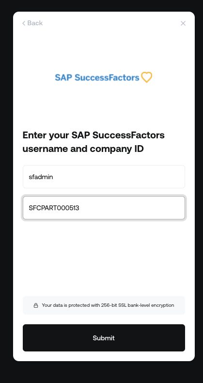 The connection window collecting the username and company ID