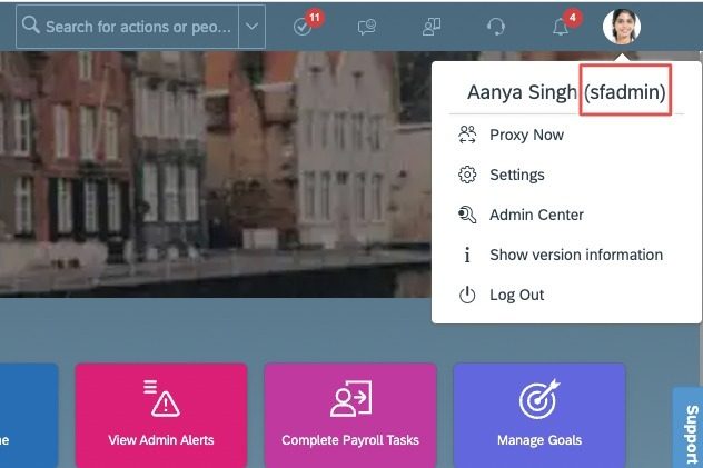 The SAP SuccessFactors profile menu showing the username
