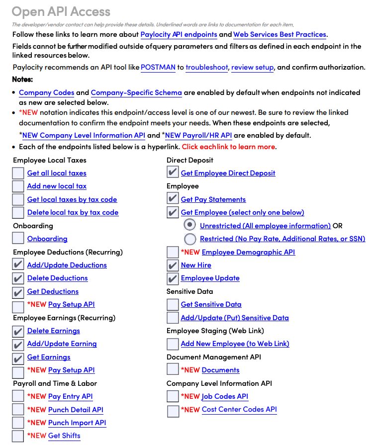 The permissions section of the access request form, including pay statements