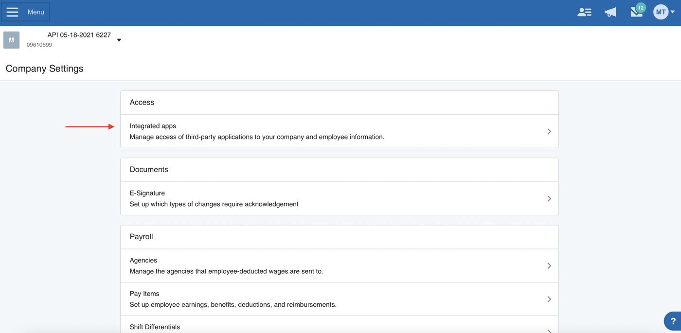 The Integrated apps section of Paychex company settings