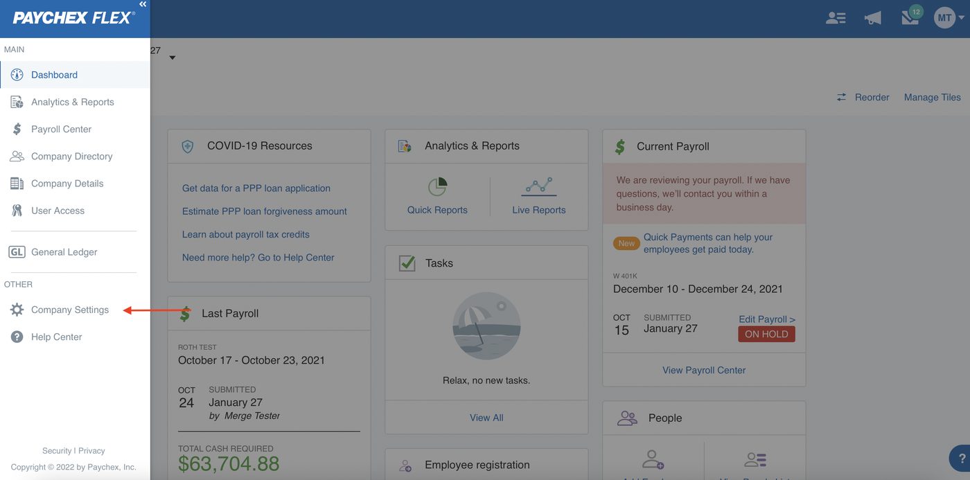 The Paychex Company Settings menu