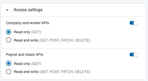The app scope selection with the company and worker APIs set to read only