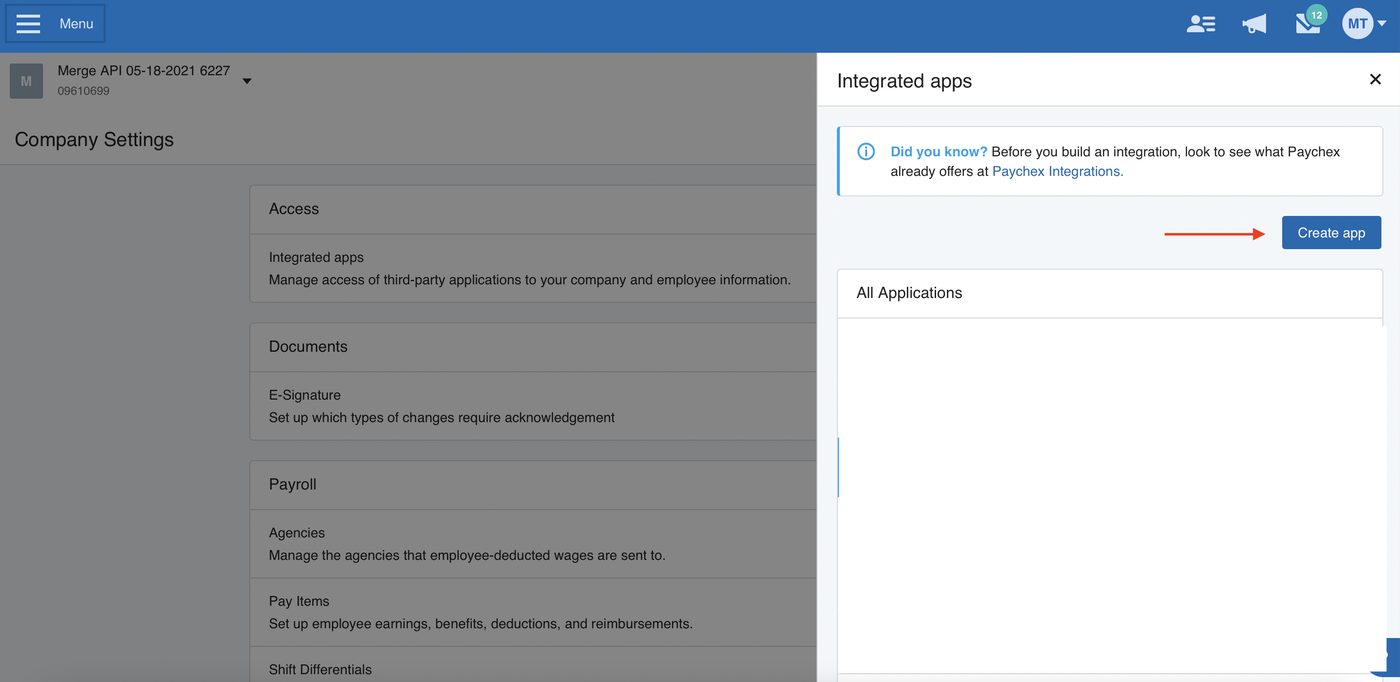 The Integrated apps page with the Create App button