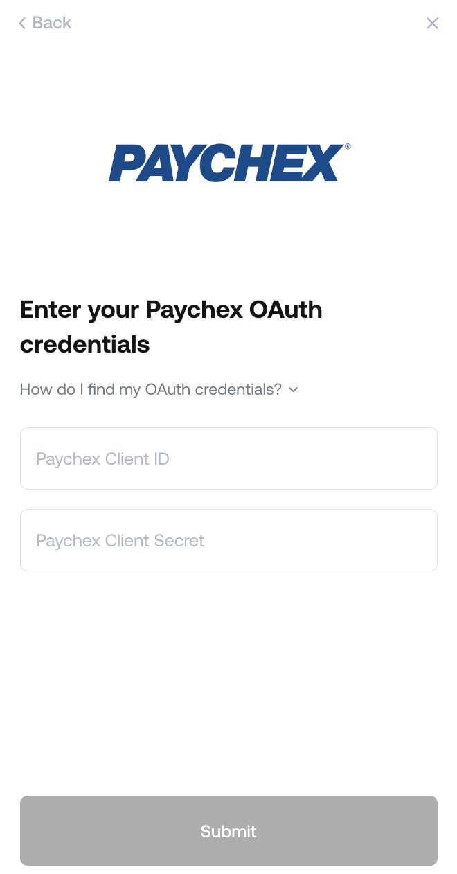The connection window asking for the Paychex API key and client secret