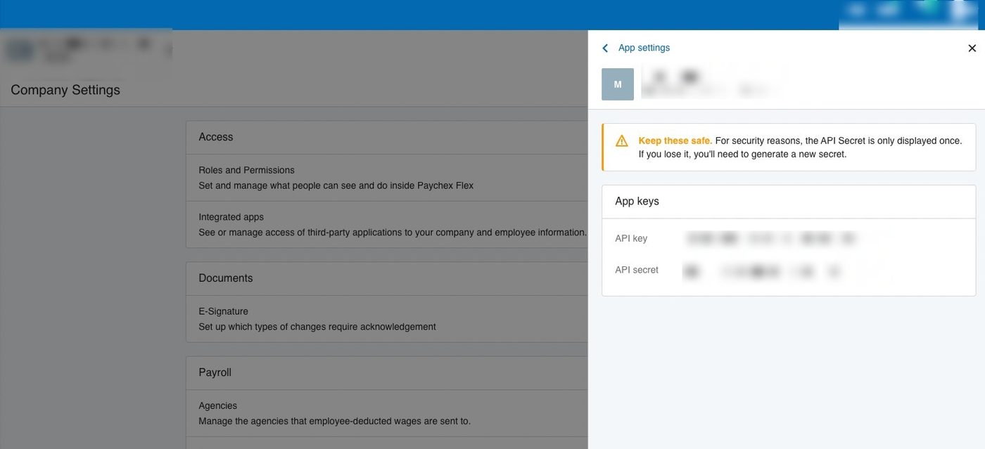 The saved app showing its API key and client secret