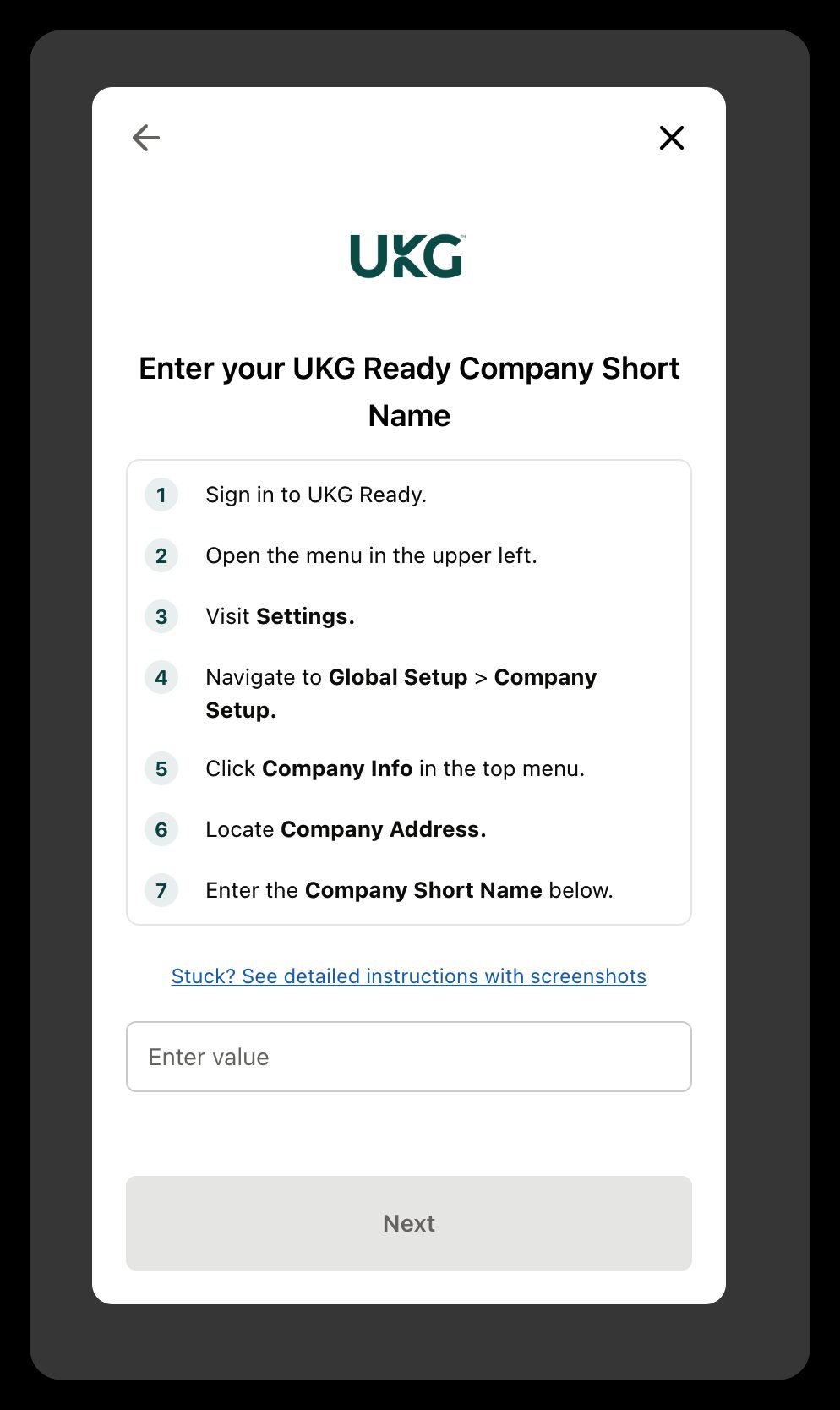 The connection window collecting the UKG Ready credentials