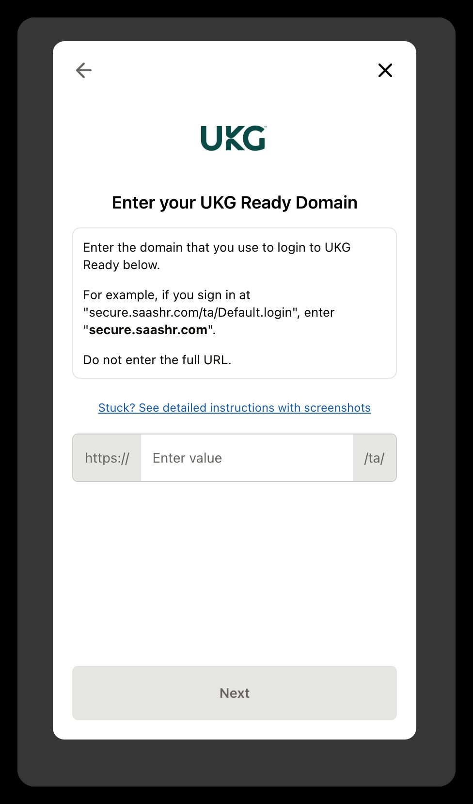 The connection window asking for the UKG Ready domain