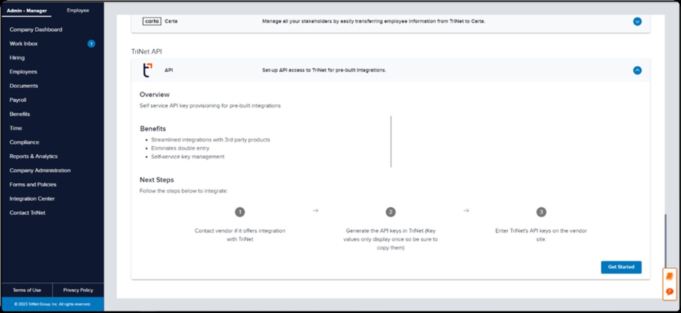 Selecting the integration in the TriNet Integration Center