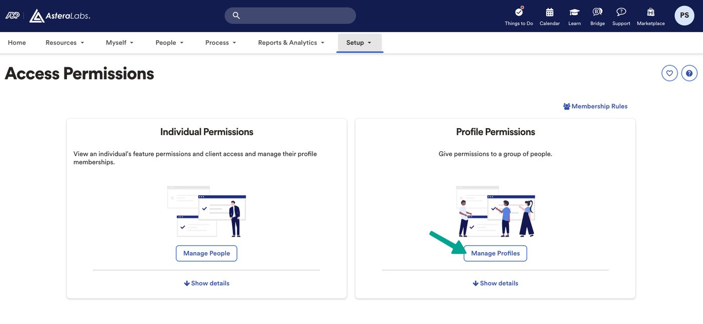 The Manage Profiles page with the Create Profile action