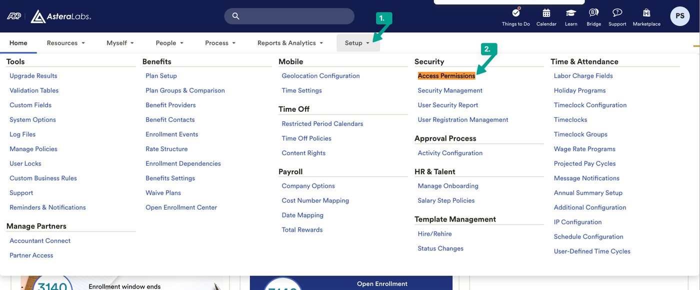 The ADP Setup menu with Access Permissions