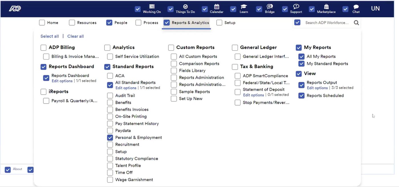 The Reports and Analytics permissions checked on the practitioner profile
