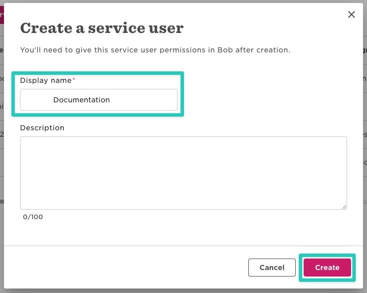 The create service user dialog with a display name