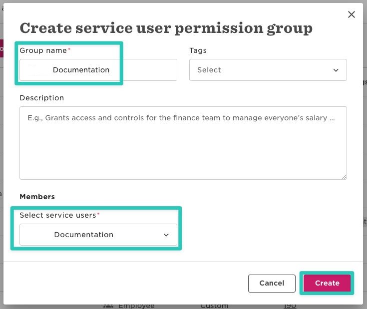 The permission group form with the service user selected